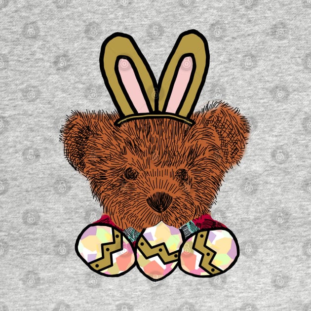 Happy Easter Bunny Ears on Teddy Bear Eating Easter Eggs by ellenhenryart